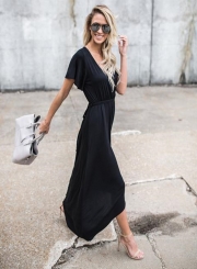 Women's V Neck Short Sleeve High Low Maxi Dress