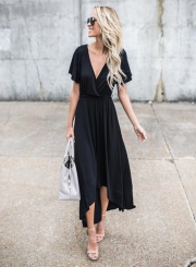 Women's V Neck Short Sleeve High Low Maxi Dress