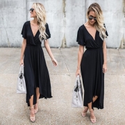 Women's V Neck Short Sleeve High Low Maxi Dress