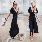 Women's V Neck Short Sleeve High Low Maxi Dress