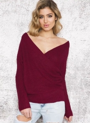 Women's Solid Cross V Neck Long Sleeve Sweater