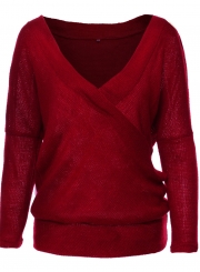 Women's Solid Cross V Neck Long Sleeve Sweater