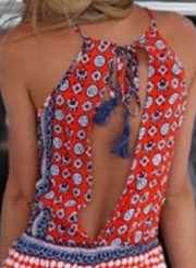 Women's Fashion Halter Sleeveless Backless Printed Romper