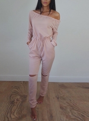 Women's Solid Slash Neck Long Sleeve Jumpsuit