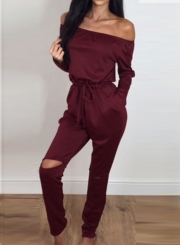 Women's Solid Slash Neck Long Sleeve Jumpsuit