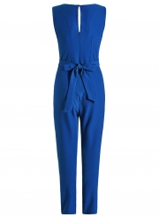 Women's Solid V Neck Sleeveless Jumpsuit with Bow