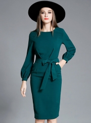 Solid Lantern Sleeve Party Dress with Belt