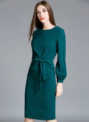 Solid Lantern Sleeve Party Dress with Belt