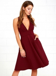 Women's Solid V Neck Sleeveless Slim Dress