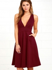 Women's Solid V Neck Sleeveless Slim Dress