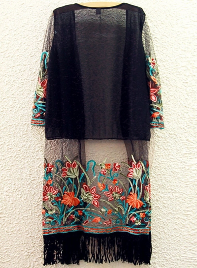 Women's Floral Embroidery Open front Long Chiffon Kimono with Tassel stylesimo.com