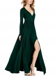 Women's Elegant V Neck Long Sleeve High Slit Maxi Dress with Belt