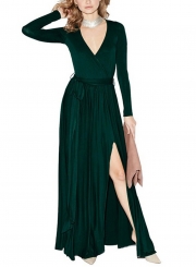 Women's Elegant V Neck Long Sleeve High Slit Maxi Dress with Belt