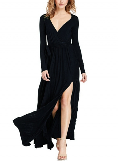 Women's Elegant V Neck Long Sleeve High Slit Maxi Dress with Belt LEXELFASHIONINTSHOPS.com