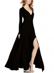 Women's Elegant V Neck Long Sleeve High Slit Maxi Dress with Belt