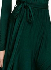 Women's Elegant V Neck Long Sleeve High Slit Maxi Dress with Belt