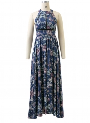 Women's Halter Sleeveless High Waist Floral Print Dress