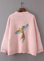 Women's Fashion V Neck Bird Embroidery Ripped Cardigan Sweater