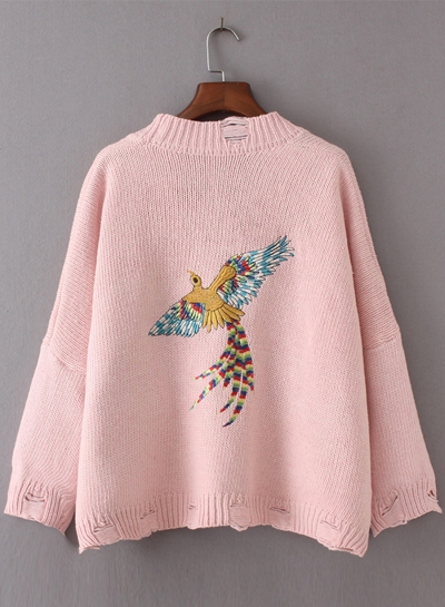 Women's Fashion V Neck Bird Embroidery Ripped Cardigan Sweater stylesimo.com