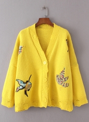 Women's Fashion V Neck Bird Embroidery Ripped Cardigan Sweater