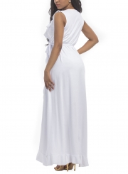 Women's Deep V Neck Flounce Panel Irregular Maxi Dress