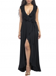 Women's Deep V Neck Flounce Panel Irregular Maxi Dress