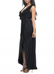 Women's Deep V Neck Flounce Panel Irregular Maxi Dress