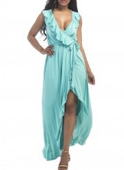 Women's Deep V Neck Flounce Panel Irregular Maxi Dress