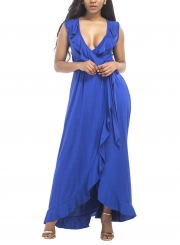 Women's Deep V Neck Flounce Panel Irregular Maxi Dress