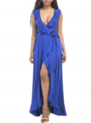 Women's Deep V Neck Flounce Panel Irregular Maxi Dress