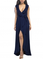 Women's Deep V Neck Flounce Panel Irregular Maxi Dress