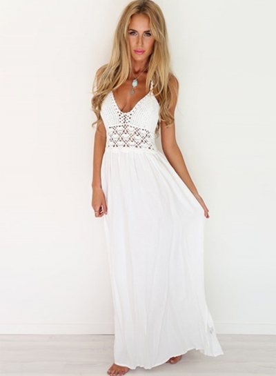 Women's Fashion Halter Hollow Out Lace Patchwork Maxi Dress stylesimo.com