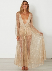 Women's Fashion Sequins Deep V Neck See Through Maxi Dress