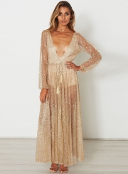 Women's Fashion Sequins Deep V Neck See Through Maxi Dress