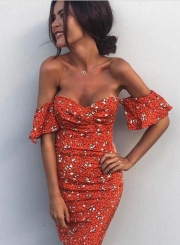 Women's Fashion off Shoulder Short Sleeve Floral Bodycon Party Dress