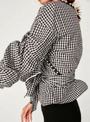 Women's Fashion Plaid Wrap V Neck Long Sleeve Pearls Tie Waist Blouse