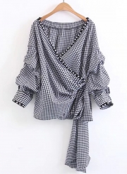 Women's Fashion Plaid Wrap V Neck Long Sleeve Pearls Tie Waist Blouse