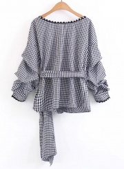 Women's Fashion Plaid Wrap V Neck Long Sleeve Pearls Tie Waist Blouse