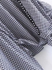 Women's Fashion Plaid Wrap V Neck Long Sleeve Pearls Tie Waist Blouse