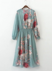 Women's Long Sleeve Floral Print Elastic Waist Dress