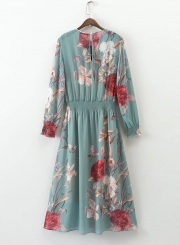 Women's Long Sleeve Floral Print Elastic Waist Dress