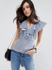 Women's V Neck Flounce Sleeve Slim Striped Blouse