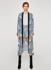 Women's Crane Print Long Sleeve Slit Kimono