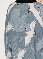 Women's Crane Print Long Sleeve Slit Kimono