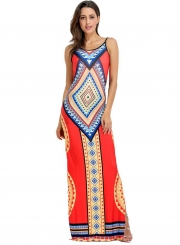 Women's Fashion Bohemian Geometric Print Sleeveless Backless Maxi Dress