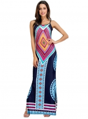 Women's Fashion Bohemian Geometric Print Sleeveless Backless Maxi Dress