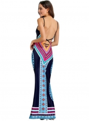 Women's Fashion Bohemian Geometric Print Sleeveless Backless Maxi Dress