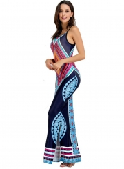 Women's Fashion Bohemian Geometric Print Sleeveless Backless Maxi Dress