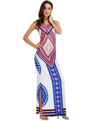 Women's Fashion Bohemian Geometric Print Sleeveless Backless Maxi Dress