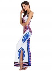 Women's Fashion Bohemian Geometric Print Sleeveless Backless Maxi Dress